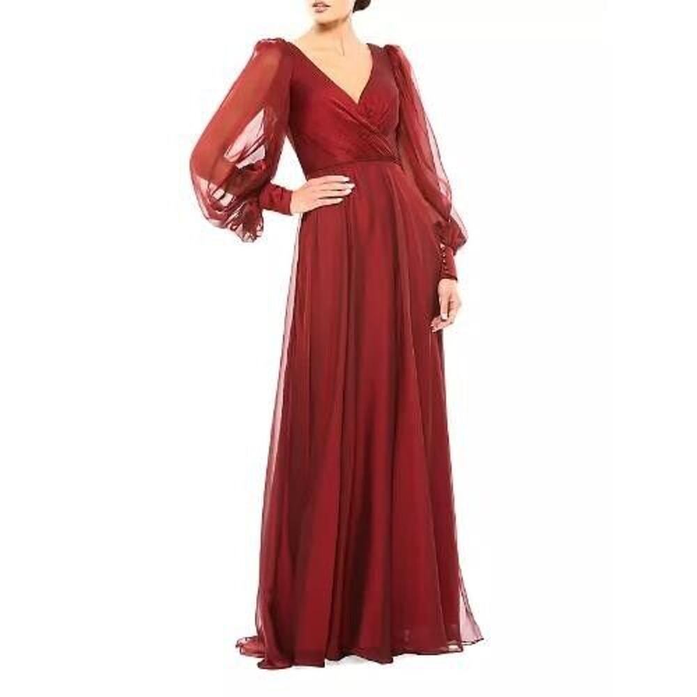 Mac Duggal Blouson Dress Women's 18 Red Sheer Long Sleeve Surplice Ball Gown B4